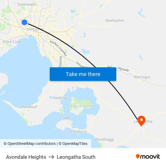 Avondale Heights to Leongatha South map