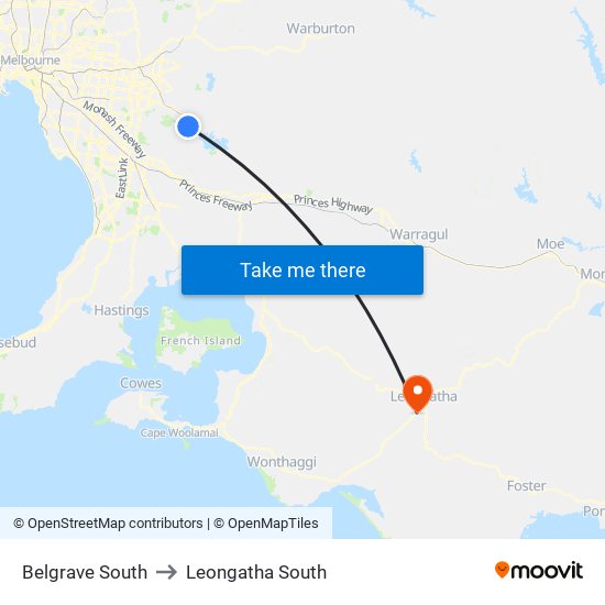 Belgrave South to Leongatha South map