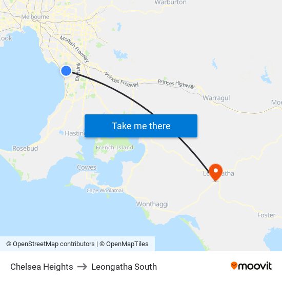 Chelsea Heights to Leongatha South map