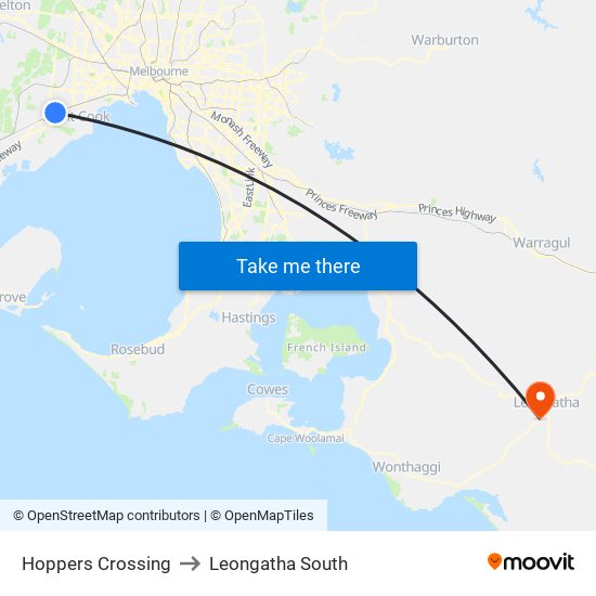 Hoppers Crossing to Leongatha South map