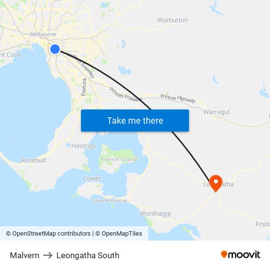 Malvern to Leongatha South map
