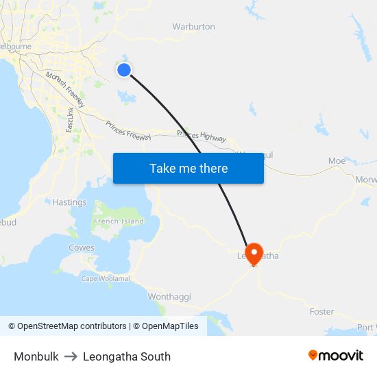Monbulk to Leongatha South map