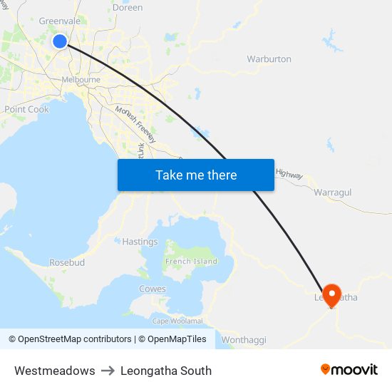 Westmeadows to Leongatha South map