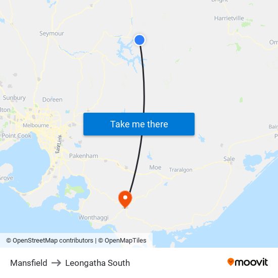 Mansfield to Leongatha South map