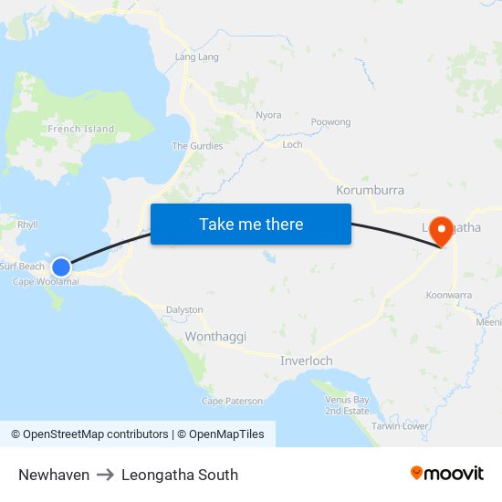 Newhaven to Leongatha South map