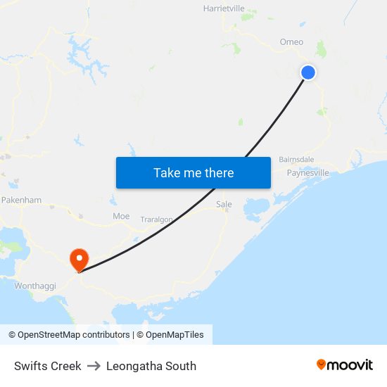 Swifts Creek to Leongatha South map