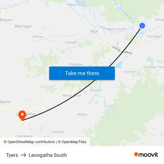 Tyers to Leongatha South map