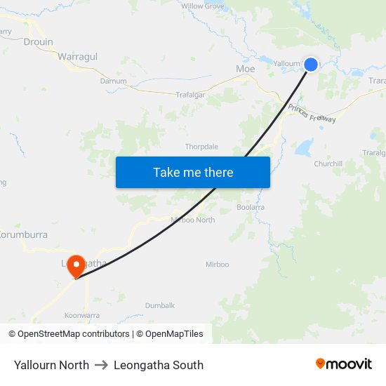 Yallourn North to Leongatha South map