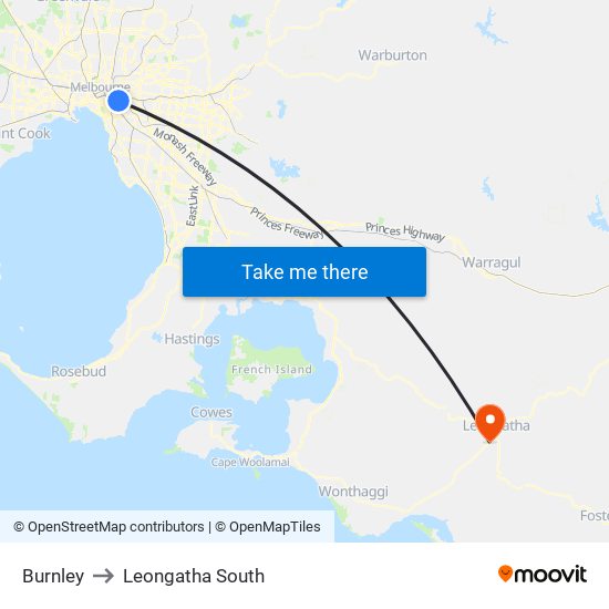 Burnley to Leongatha South map