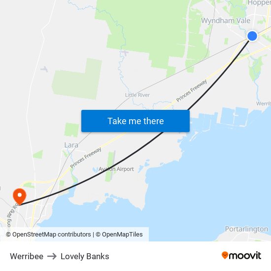 Werribee to Lovely Banks map