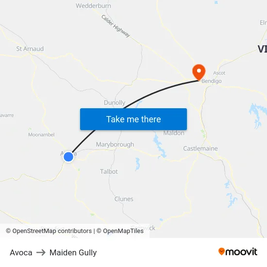 Avoca to Maiden Gully map