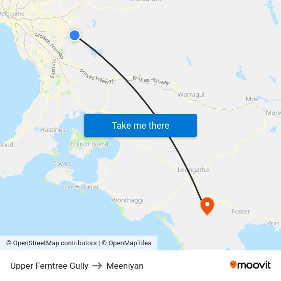 Upper Ferntree Gully to Meeniyan map