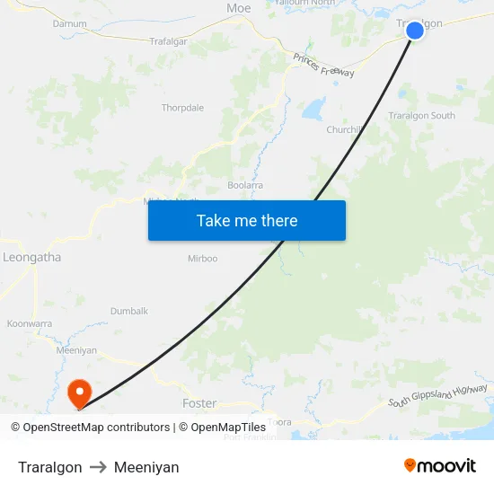 Traralgon to Meeniyan map