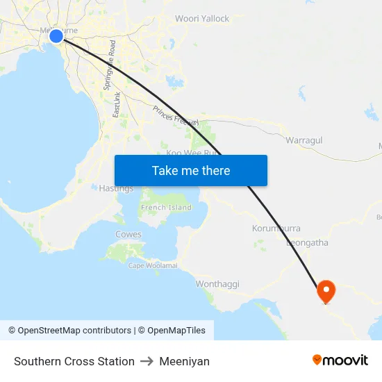 Southern Cross Station to Meeniyan map