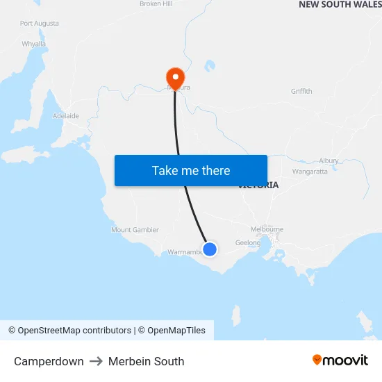 Camperdown to Merbein South map