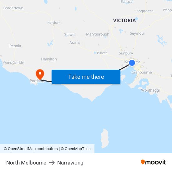 North Melbourne to Narrawong map