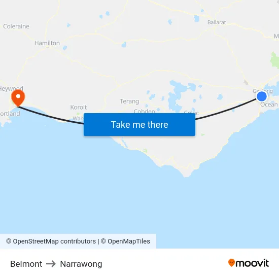 Belmont to Narrawong map