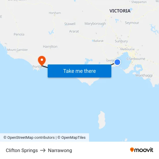 Clifton Springs to Narrawong map