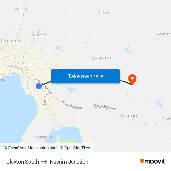 Clayton South to Neerim Junction map