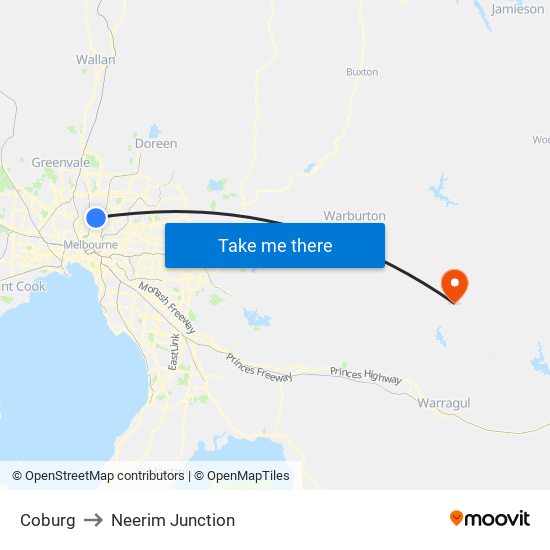 Coburg to Neerim Junction map