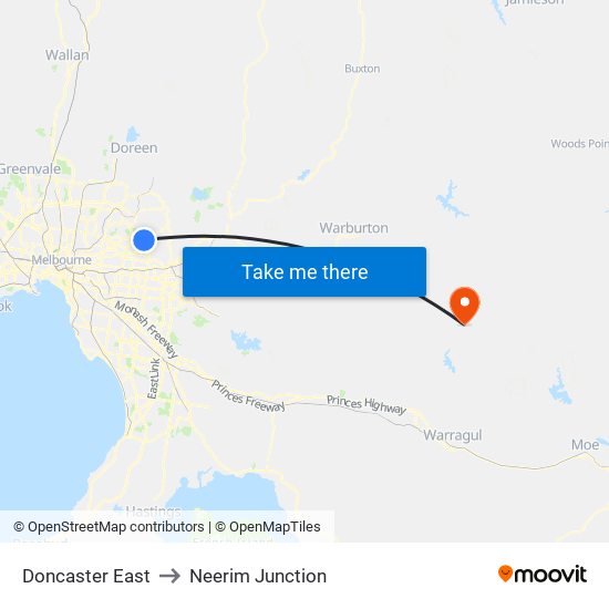 Doncaster East to Neerim Junction map