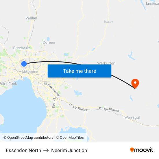 Essendon North to Neerim Junction map