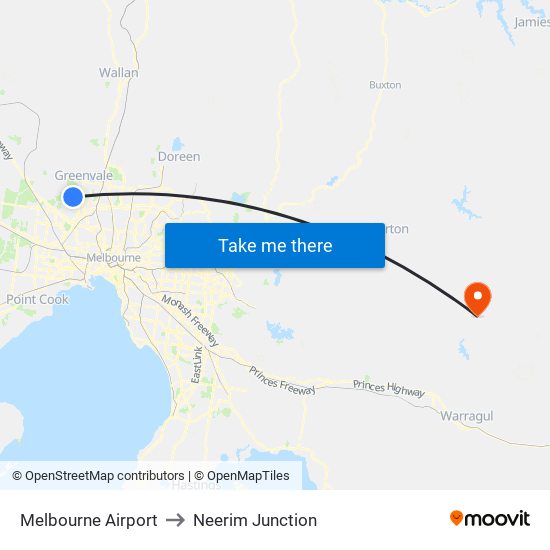Melbourne Airport to Neerim Junction map