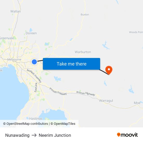 Nunawading to Neerim Junction map