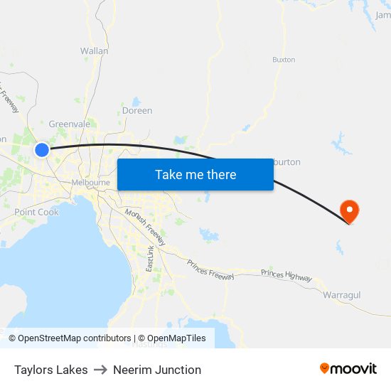 Taylors Lakes to Neerim Junction map
