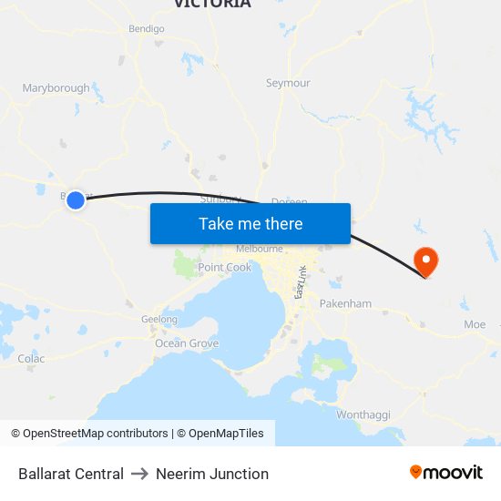 Ballarat Central to Neerim Junction map
