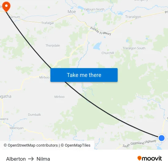 Alberton to Nilma map