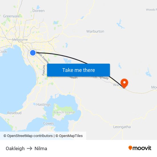 Oakleigh to Nilma map