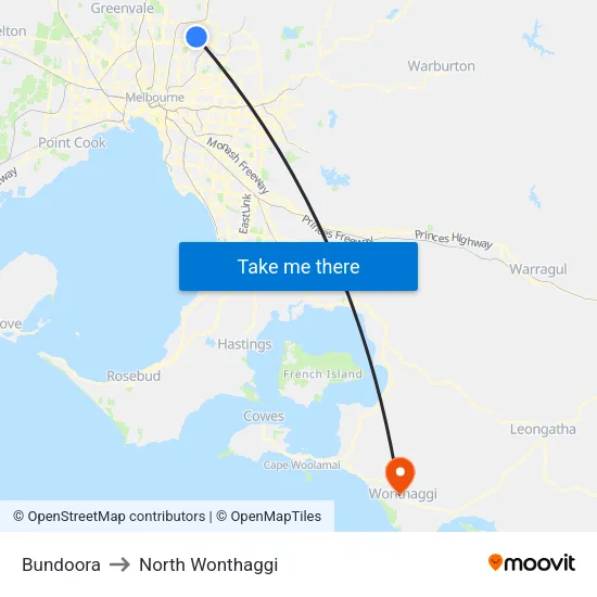 Bundoora to North Wonthaggi map