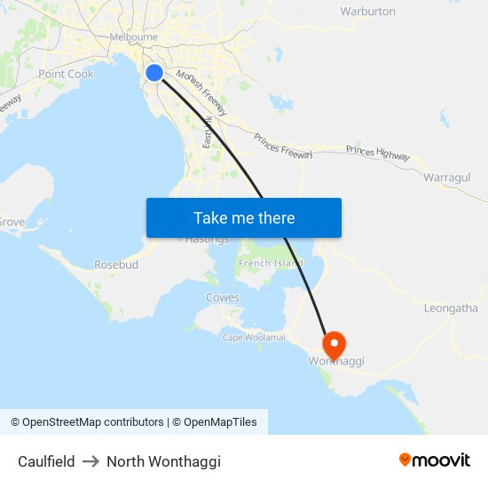 Caulfield to North Wonthaggi map