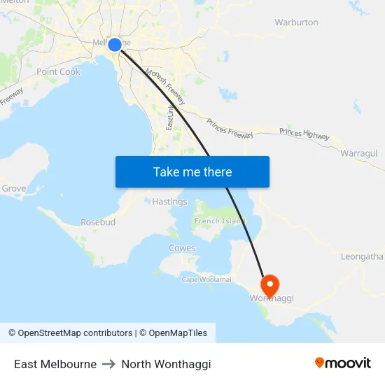 East Melbourne to North Wonthaggi map