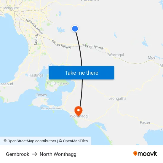 Gembrook to North Wonthaggi map
