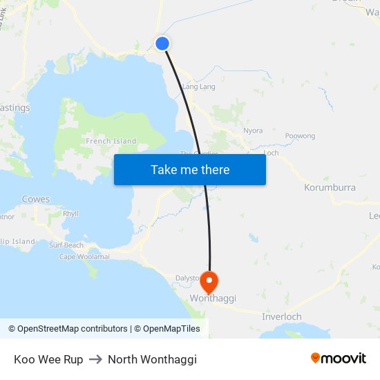 Koo Wee Rup to North Wonthaggi map