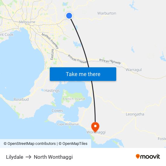 Lilydale to North Wonthaggi map