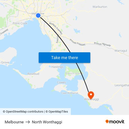 Melbourne to North Wonthaggi map