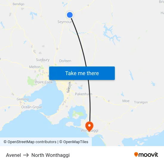 Avenel to North Wonthaggi map