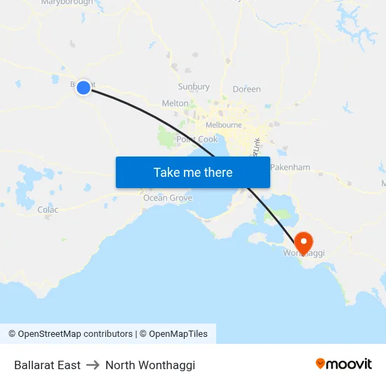 Ballarat East to North Wonthaggi map