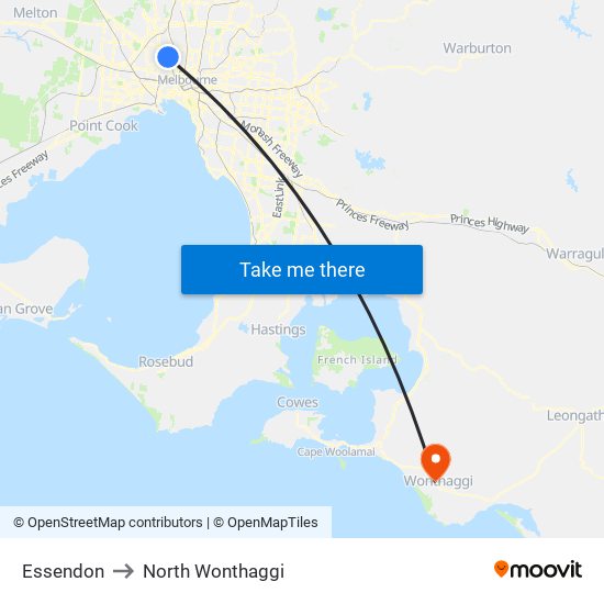 Essendon to North Wonthaggi map