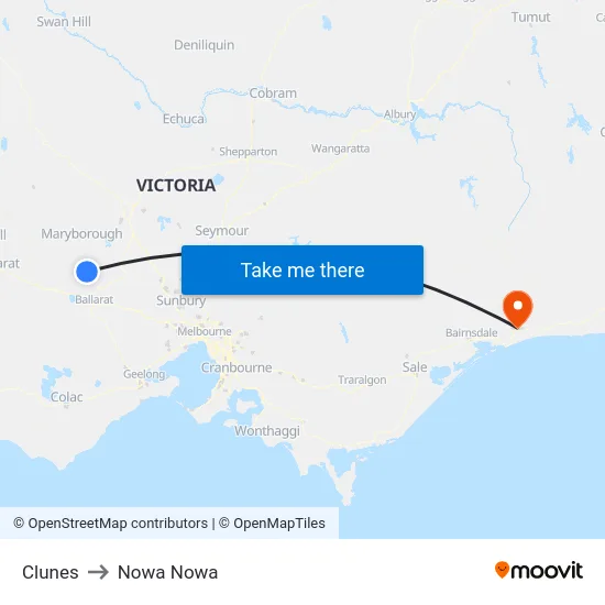 Clunes to Nowa Nowa map