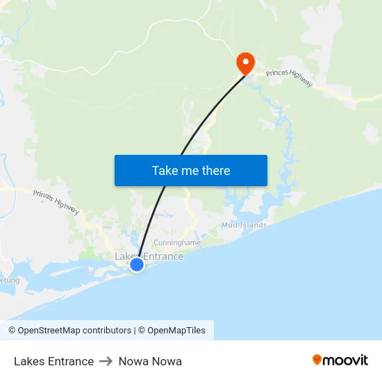 Lakes Entrance to Nowa Nowa map