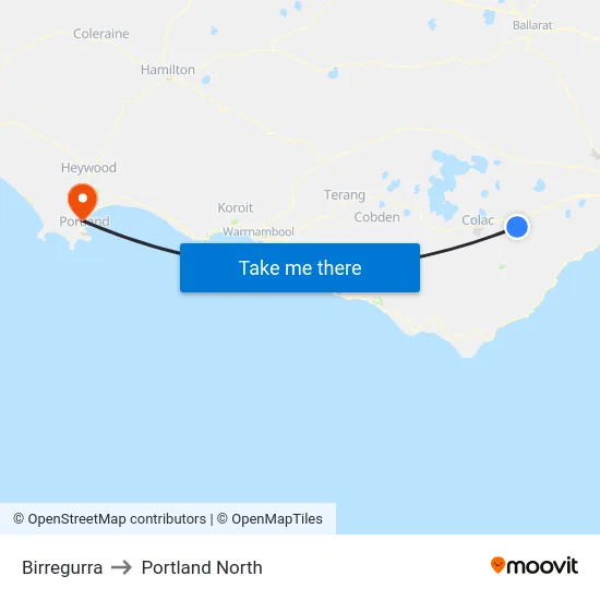 Birregurra to Portland North map