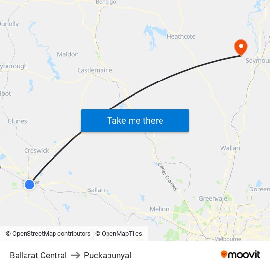 Ballarat Central to Puckapunyal map