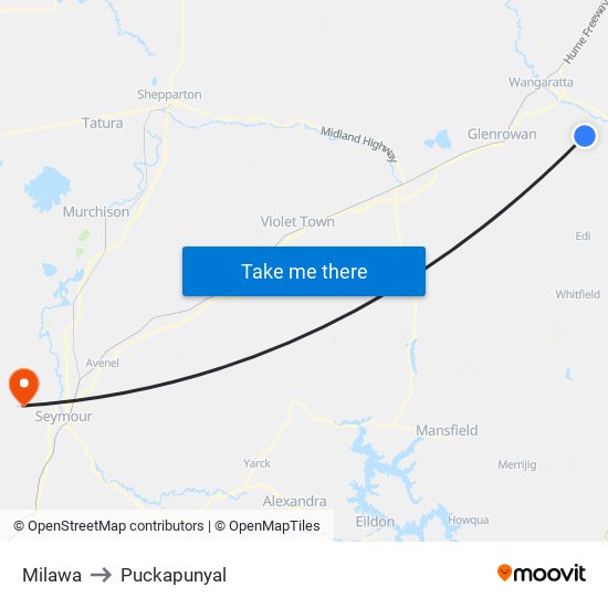 Milawa to Puckapunyal map