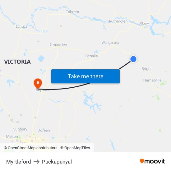 Myrtleford to Puckapunyal map