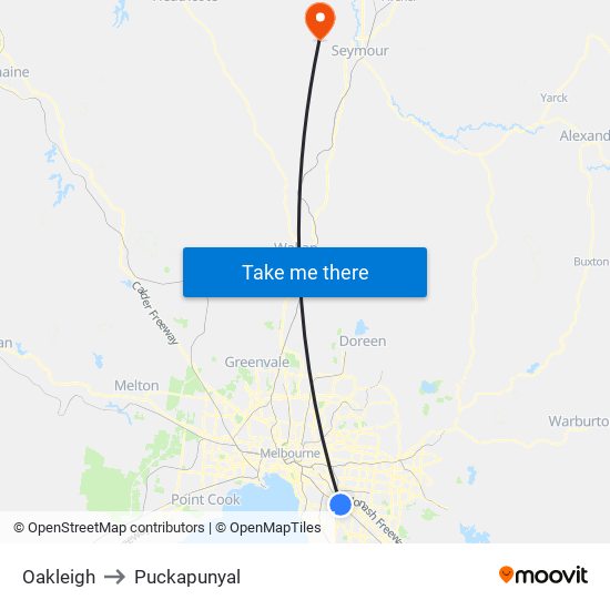 Oakleigh to Puckapunyal map