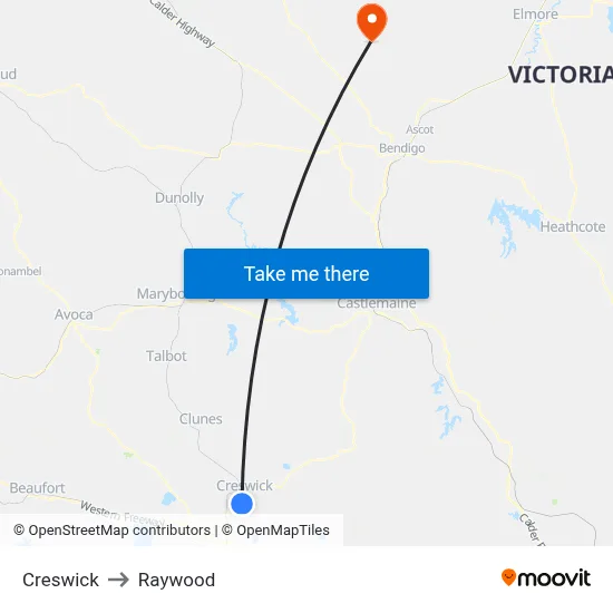 Creswick to Raywood map